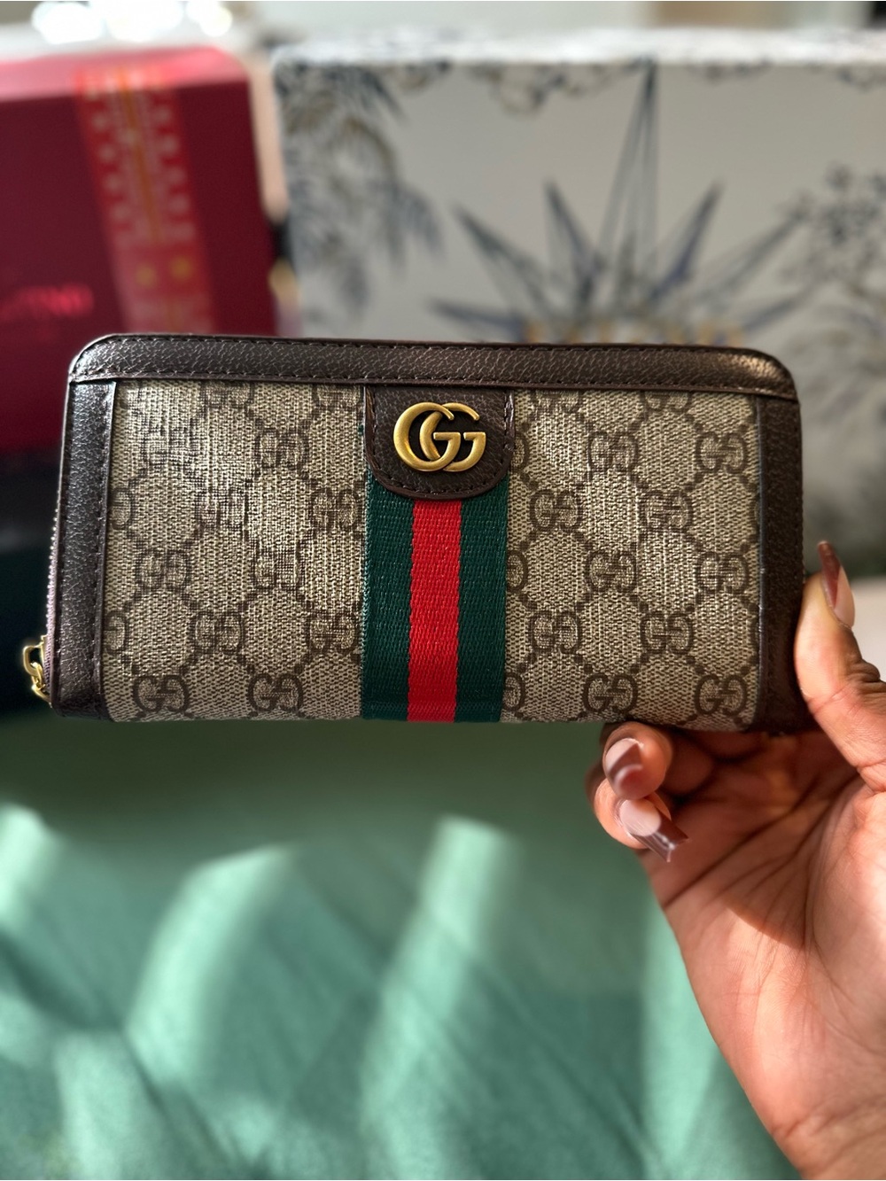 Gucci Brown GG Supreme Wallet with Green & Red Web and Gold Double G